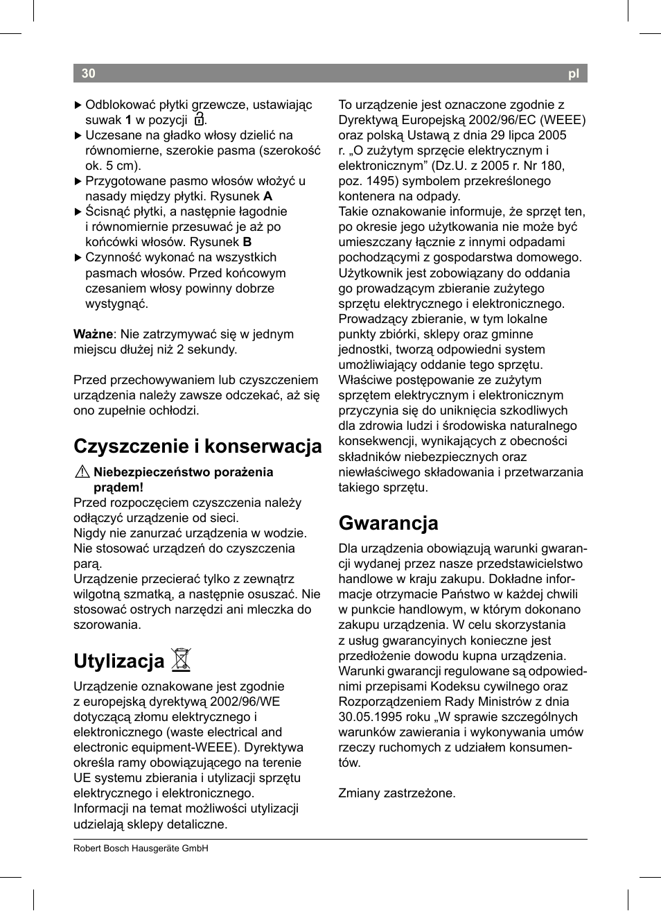 Czyszczenie i konserwacja, Utylizacja, Gwarancja | Bosch PHS2004 Haarglätter Purple Passion User Manual | Page 32 / 46