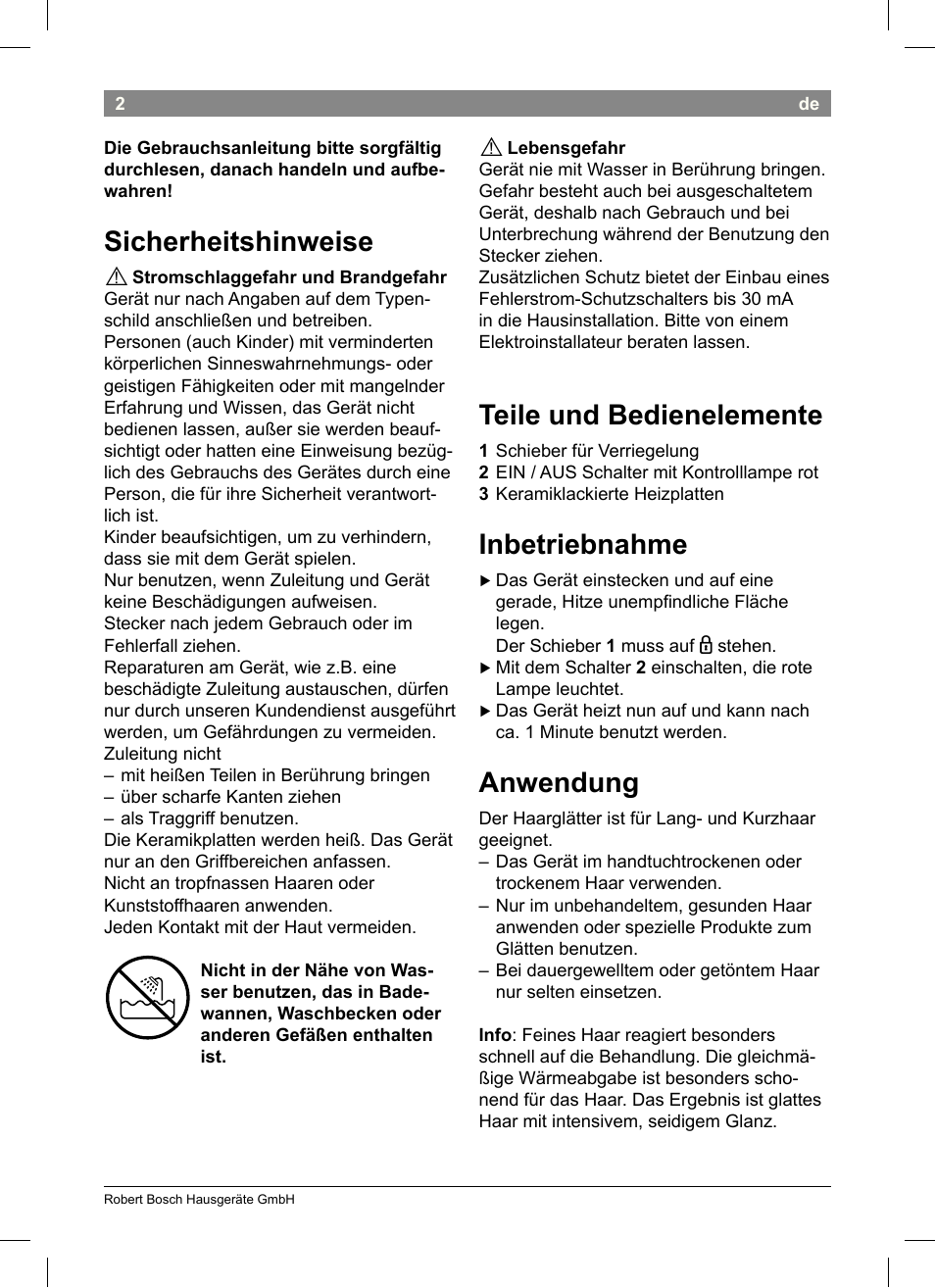 Sicherheitshinweise, Teile und bedienelemente, Inbetriebnahme | Anwendung | Bosch PHS2004 Haarglätter Purple Passion User Manual | Page 4 / 46