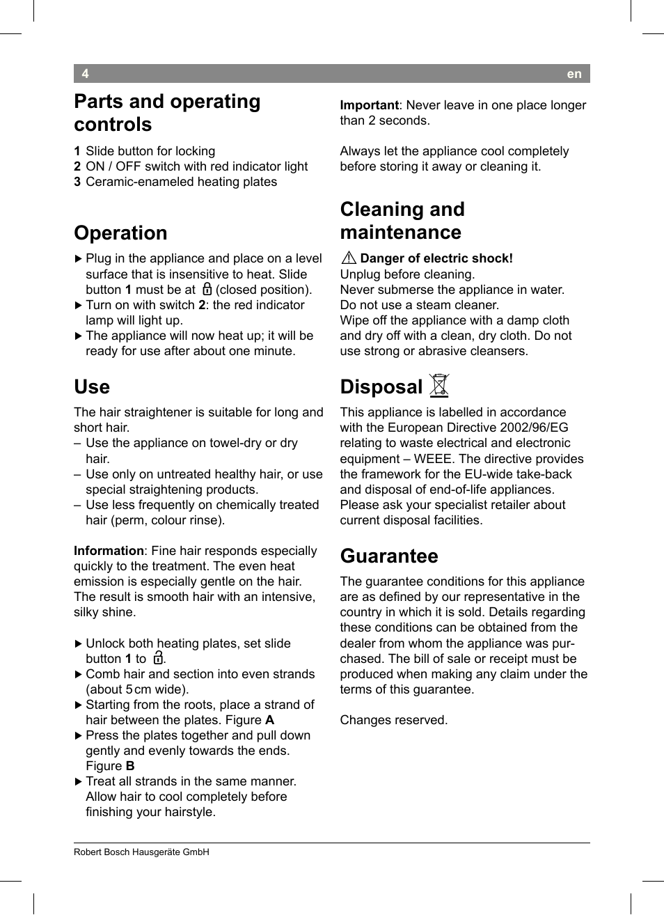 Cleaning and maintenance, Disposal, Guarantee | Parts and operating controls, Operation | Bosch PHS2004 Haarglätter Purple Passion User Manual | Page 6 / 46