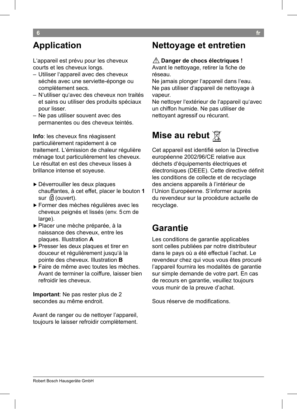 Application, Nettoyage et entretien, Mise au rebut | Garantie | Bosch PHS2004 Haarglätter Purple Passion User Manual | Page 8 / 46