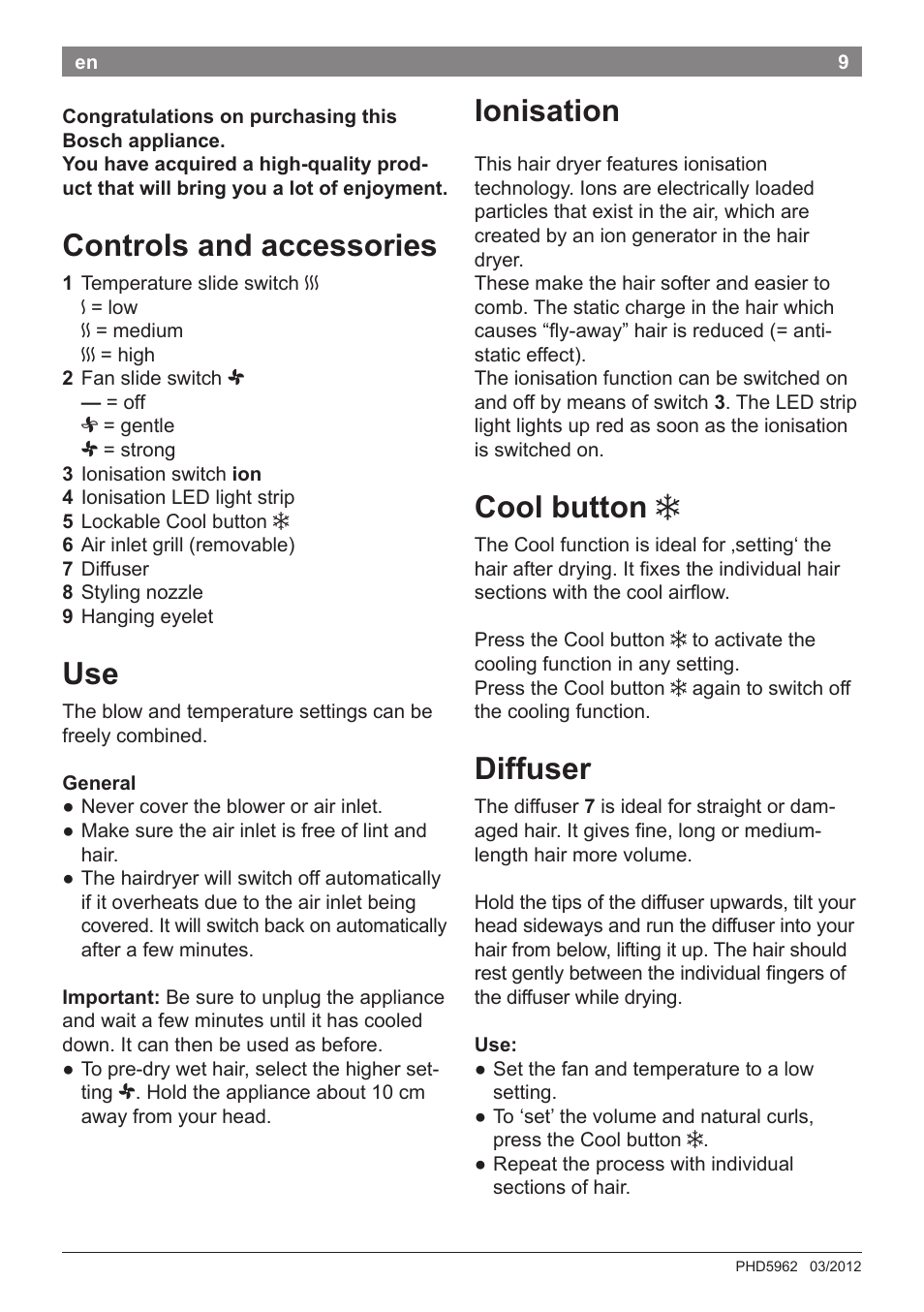 Ionisation, Cool button, Diffuser | Controls and accessories | Bosch PHD5962 Haartrockner PureStyle User Manual | Page 11 / 93