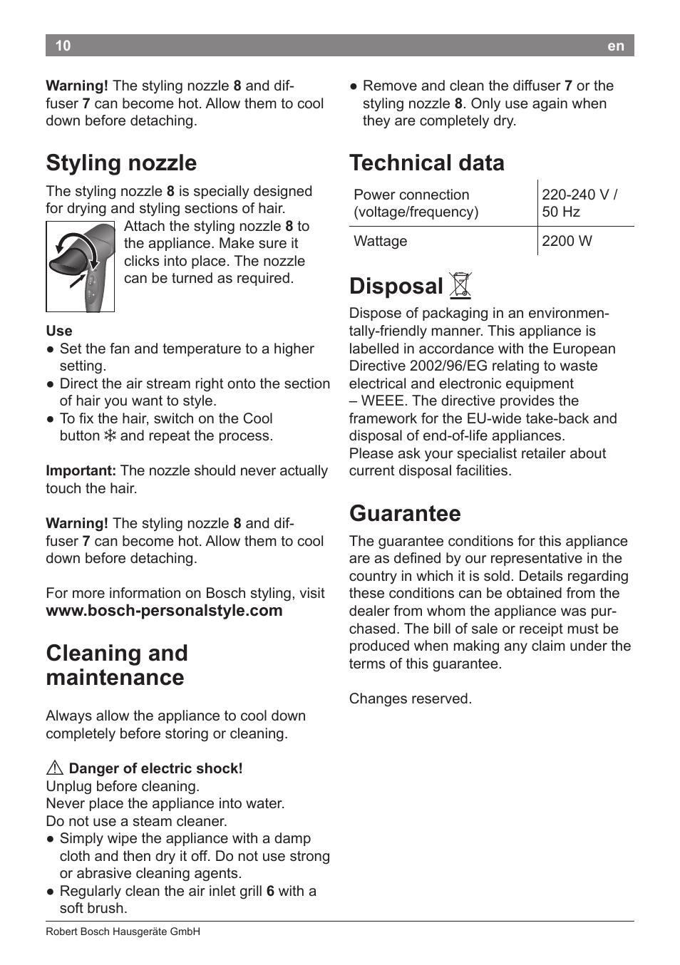 Styling nozzle, Cleaning and maintenance, Technical data | Disposal, Guarantee | Bosch PHD5962 Haartrockner PureStyle User Manual | Page 12 / 93