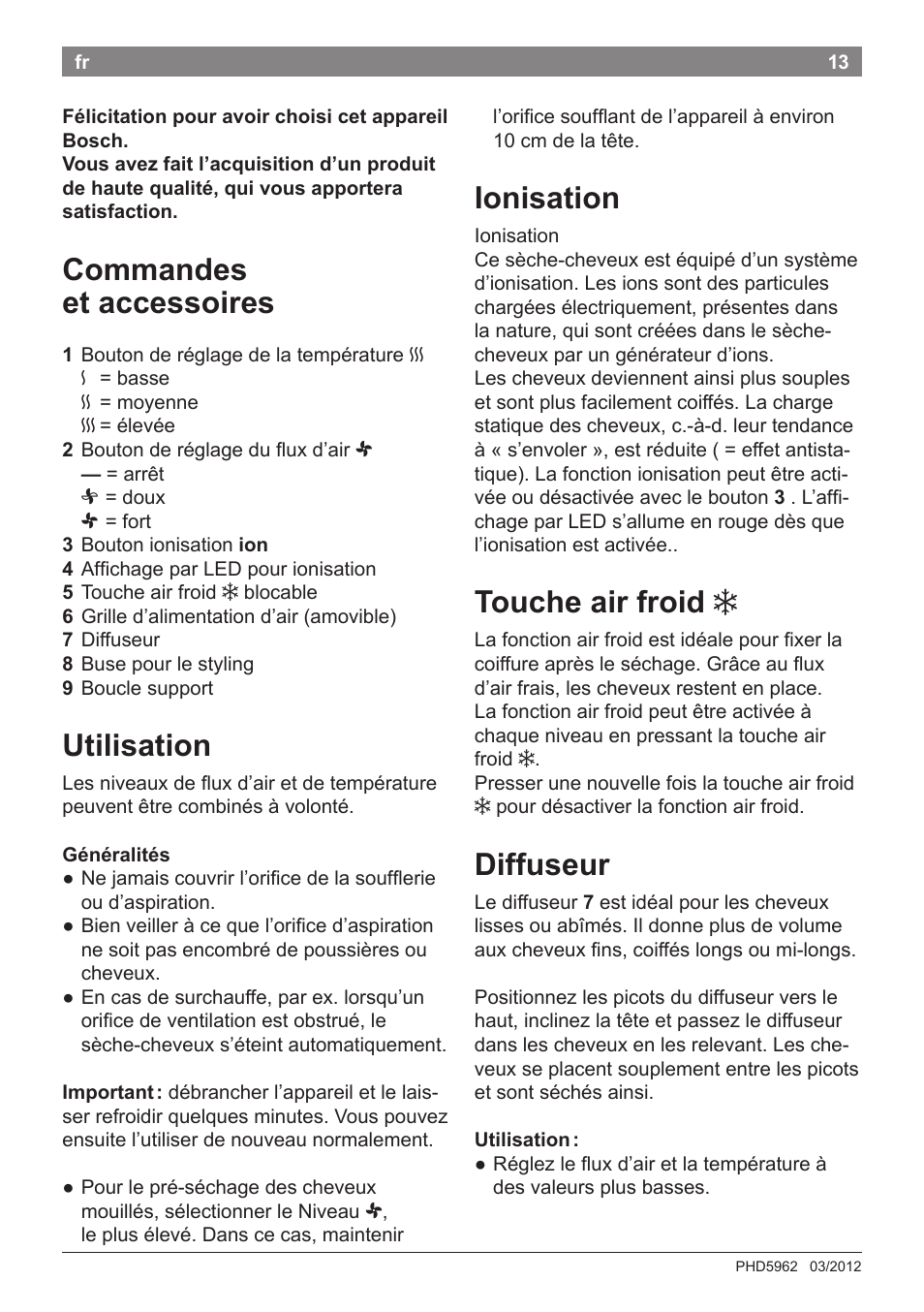 Ionisation, Touche air froid, Diffuseur | Commandes et accessoires, Utilisation | Bosch PHD5962 Haartrockner PureStyle User Manual | Page 15 / 93