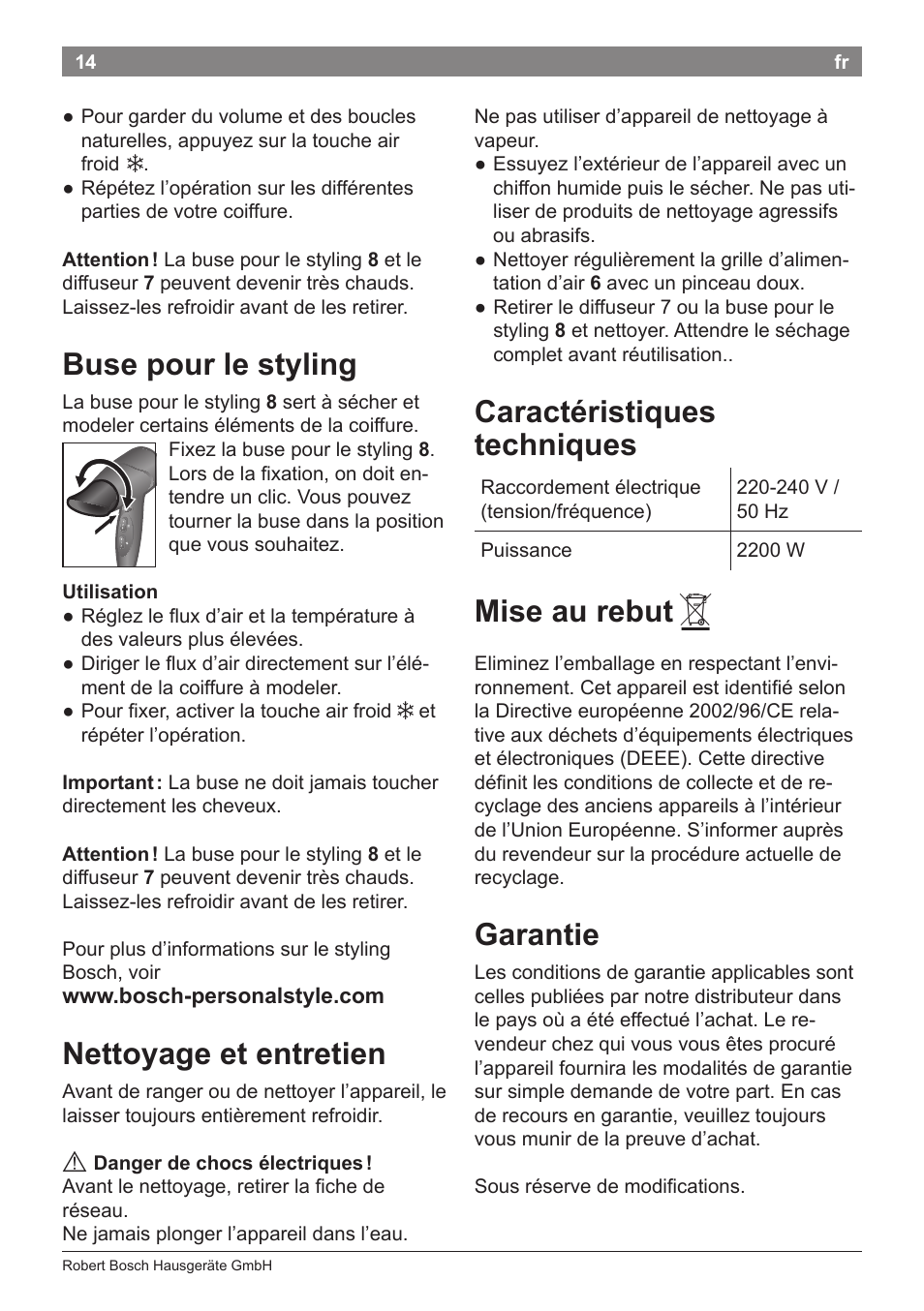 Buse pour le styling, Nettoyage et entretien, Caractéristiques techniques | Mise au rebut, Garantie | Bosch PHD5962 Haartrockner PureStyle User Manual | Page 16 / 93