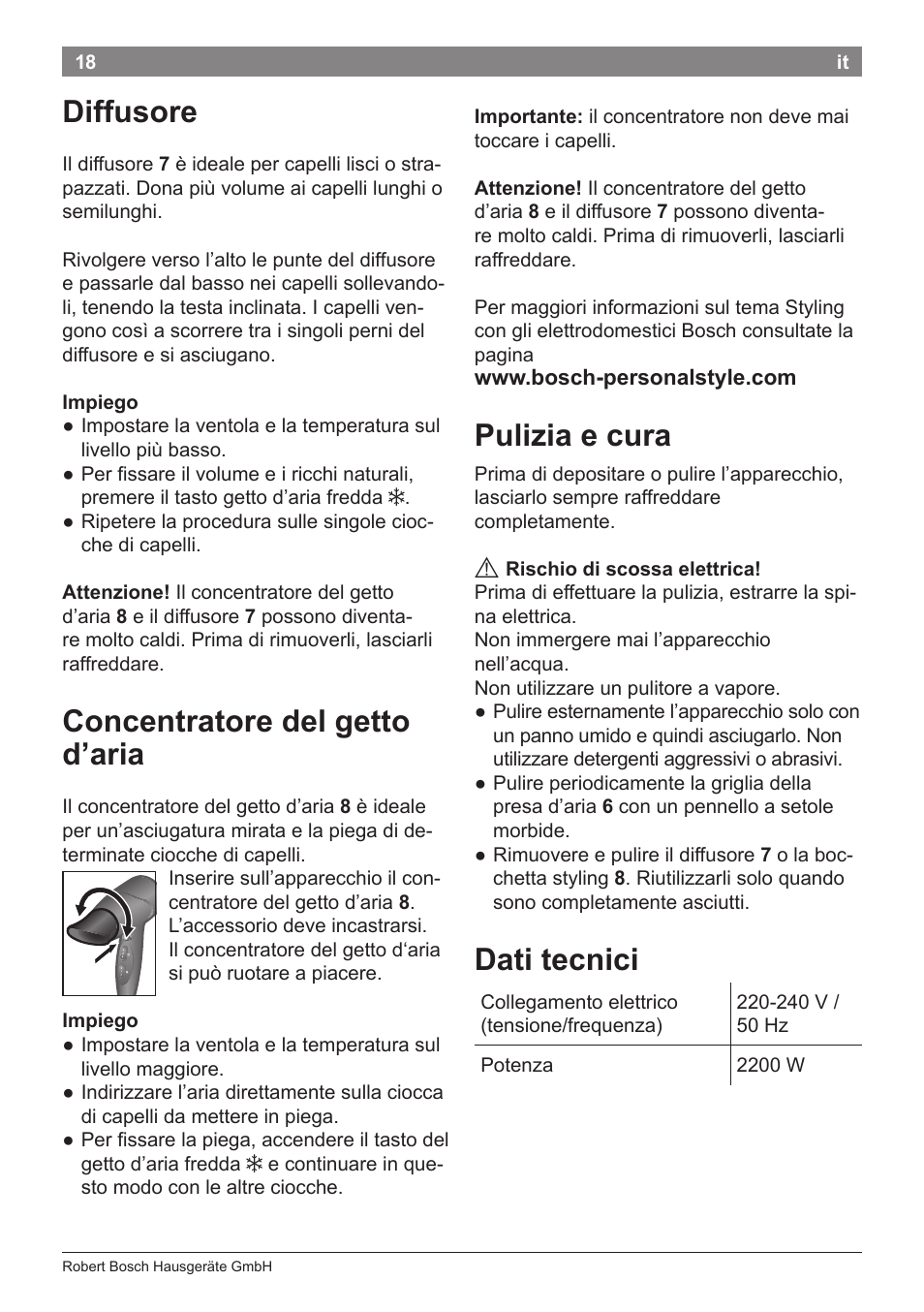 Diffusore, Concentratore del getto d’aria, Pulizia e cura | Dati tecnici | Bosch PHD5962 Haartrockner PureStyle User Manual | Page 20 / 93