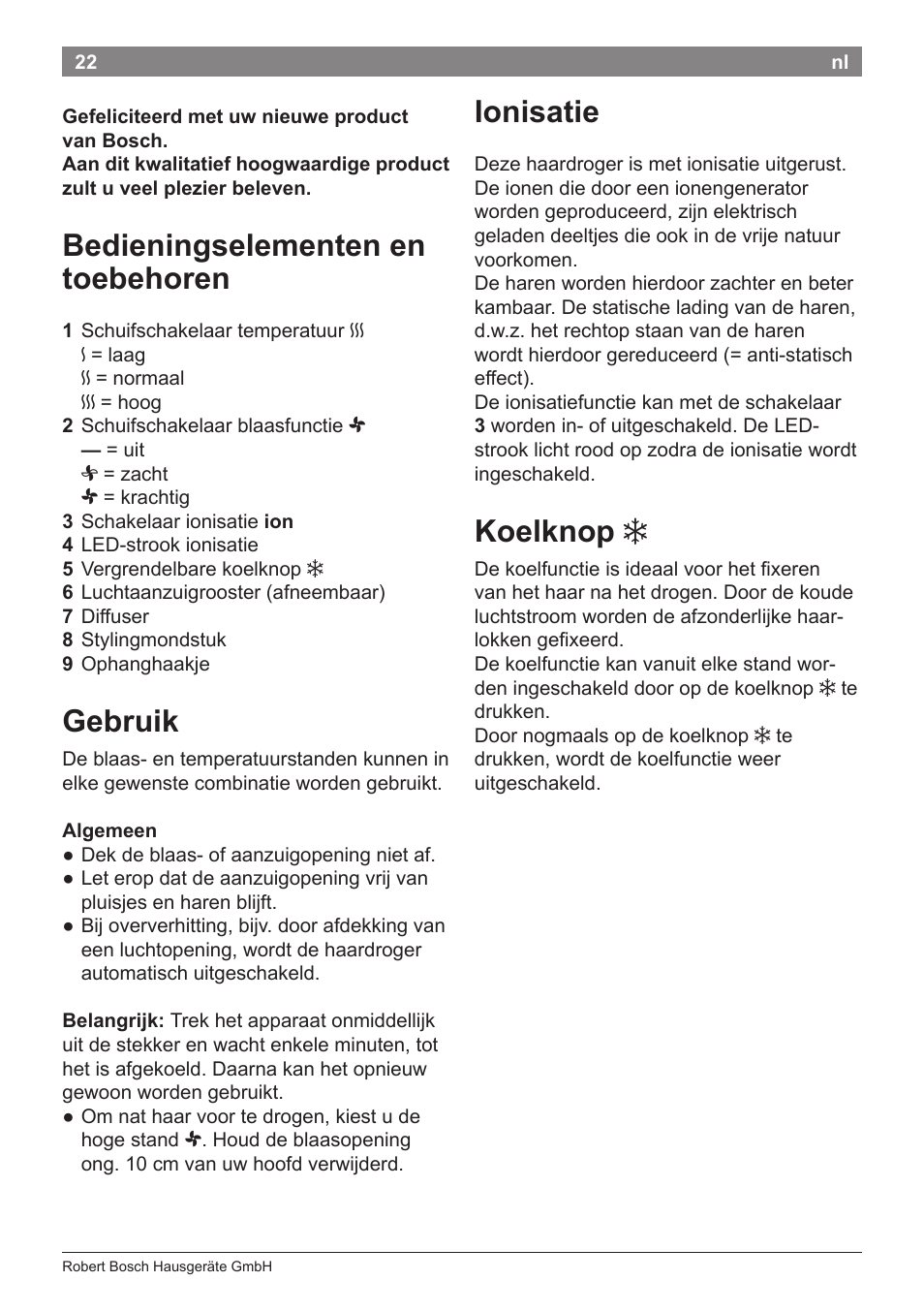 Bedieningselementen en toebehoren, Gebruik, Ionisatie | Koelknop | Bosch PHD5962 Haartrockner PureStyle User Manual | Page 24 / 93