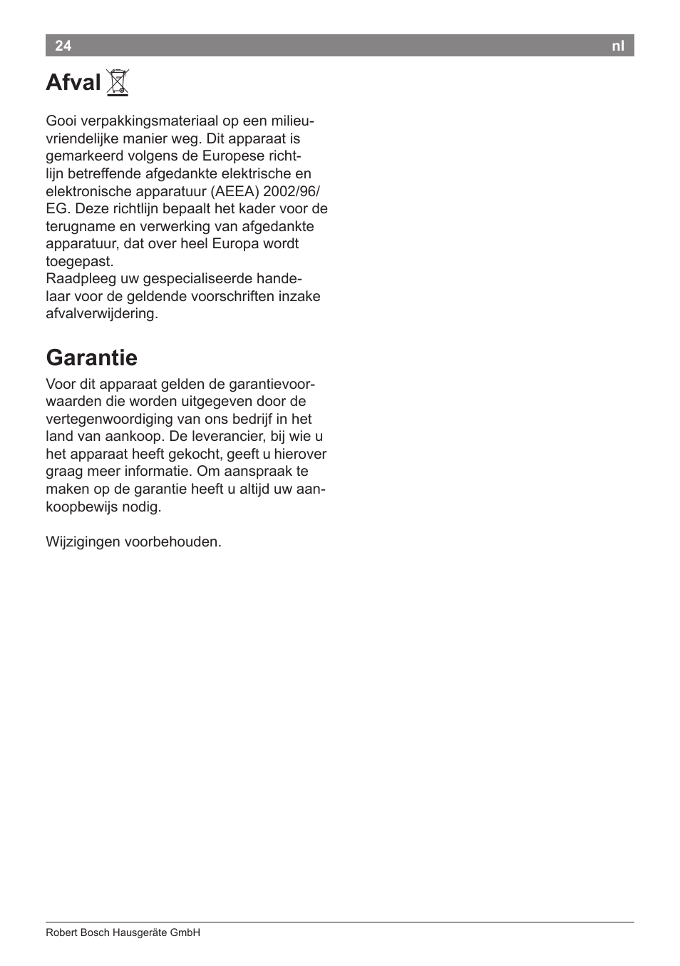 Afval, Garantie | Bosch PHD5962 Haartrockner PureStyle User Manual | Page 26 / 93