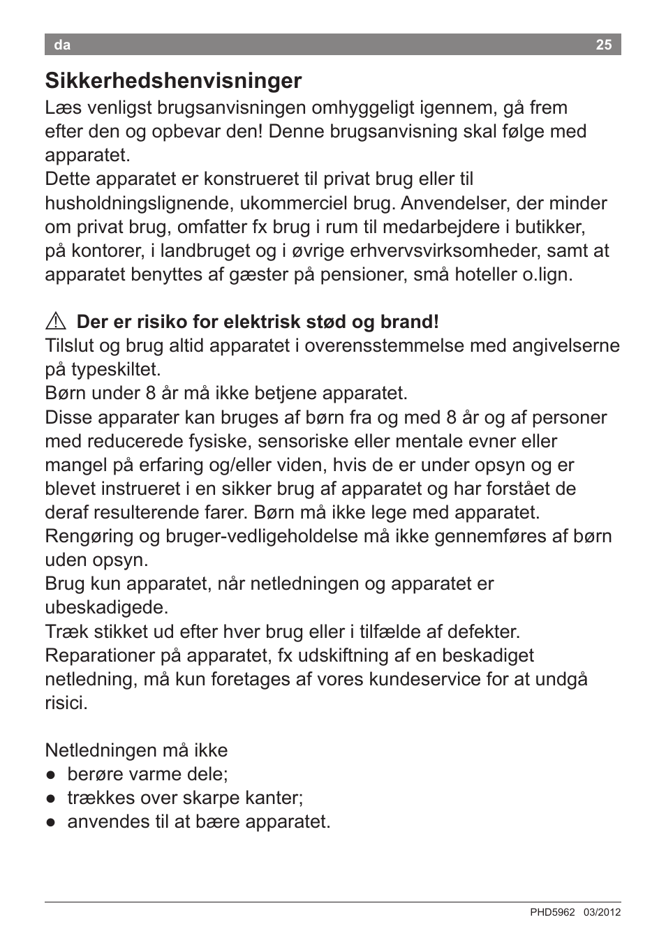 Sikkerhedshenvisninger | Bosch PHD5962 Haartrockner PureStyle User Manual | Page 27 / 93