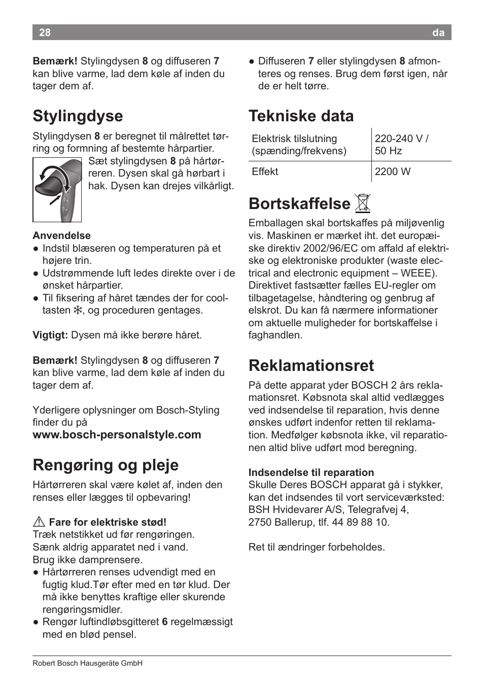 Tekniske data, Bortskaffelse, Reklamationsret | Stylingdyse, Rengøring og pleje | Bosch PHD5962 Haartrockner PureStyle User Manual | Page 30 / 93