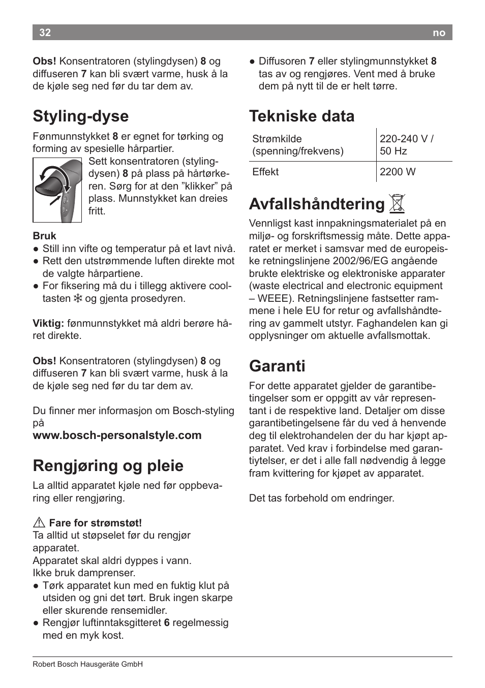 Styling-dyse, Rengjøring og pleie, Tekniske data | Avfallshåndtering, Garanti | Bosch PHD5962 Haartrockner PureStyle User Manual | Page 34 / 93