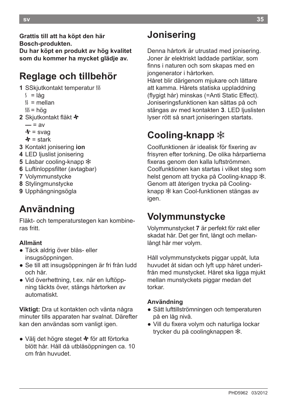 Reglage och tillbehör, Användning, Jonisering | Cooling-knapp, Volymmunstycke | Bosch PHD5962 Haartrockner PureStyle User Manual | Page 37 / 93