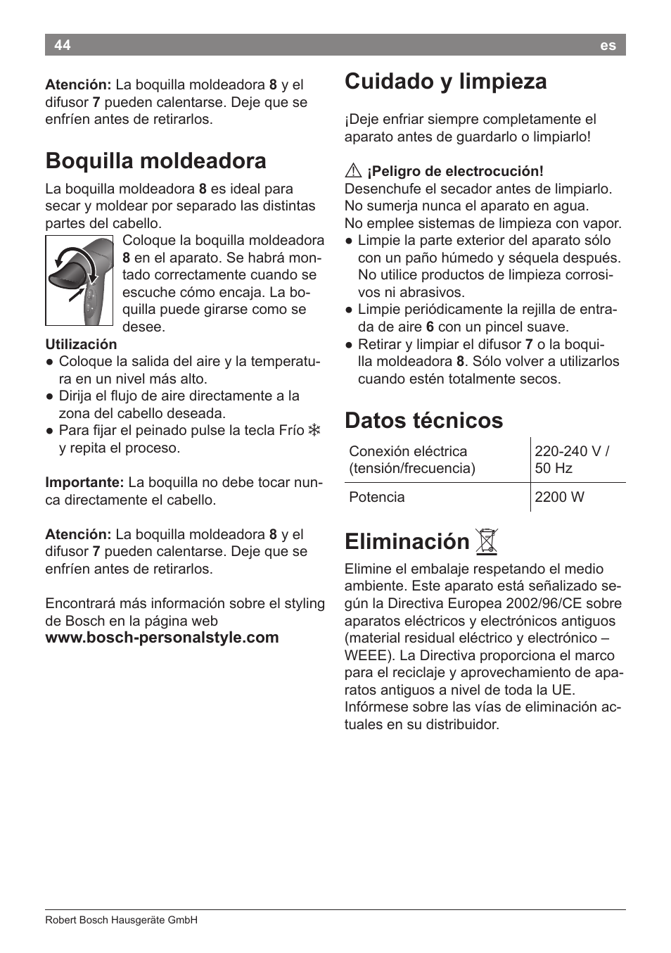 Cuidado y limpieza, Datos técnicos, Eliminación | Boquilla moldeadora | Bosch PHD5962 Haartrockner PureStyle User Manual | Page 46 / 93