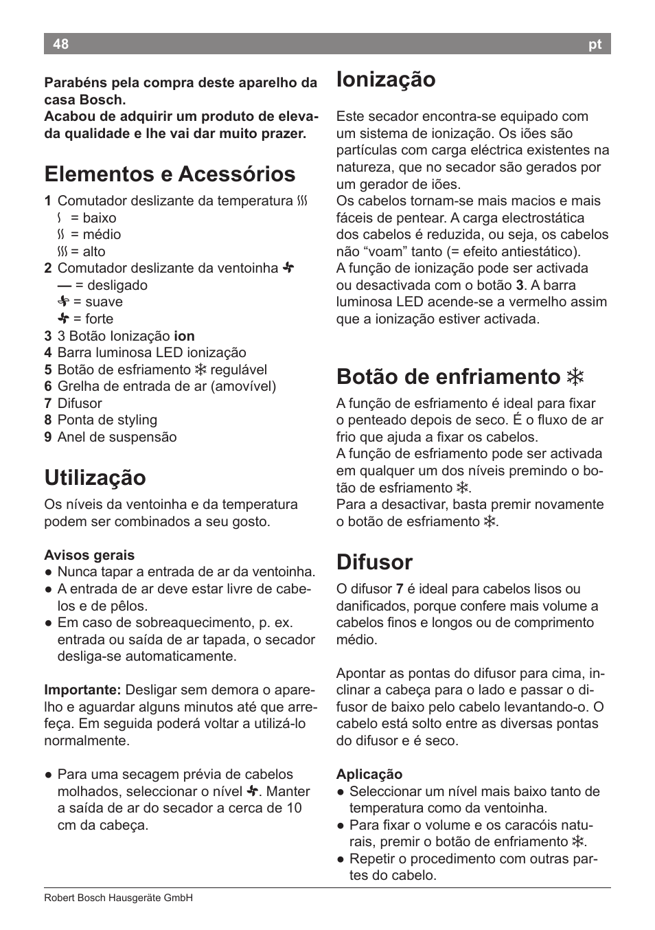 Elementos e acessórios, Utilização, Ionização | Botão de enfriamento, Difusor | Bosch PHD5962 Haartrockner PureStyle User Manual | Page 50 / 93