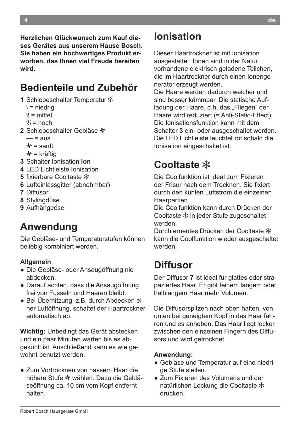 Ionisation, Cooltaste, Diffusor | Bedienteile und zubehör, Anwendung | Bosch PHD5962 Haartrockner PureStyle User Manual | Page 6 / 93