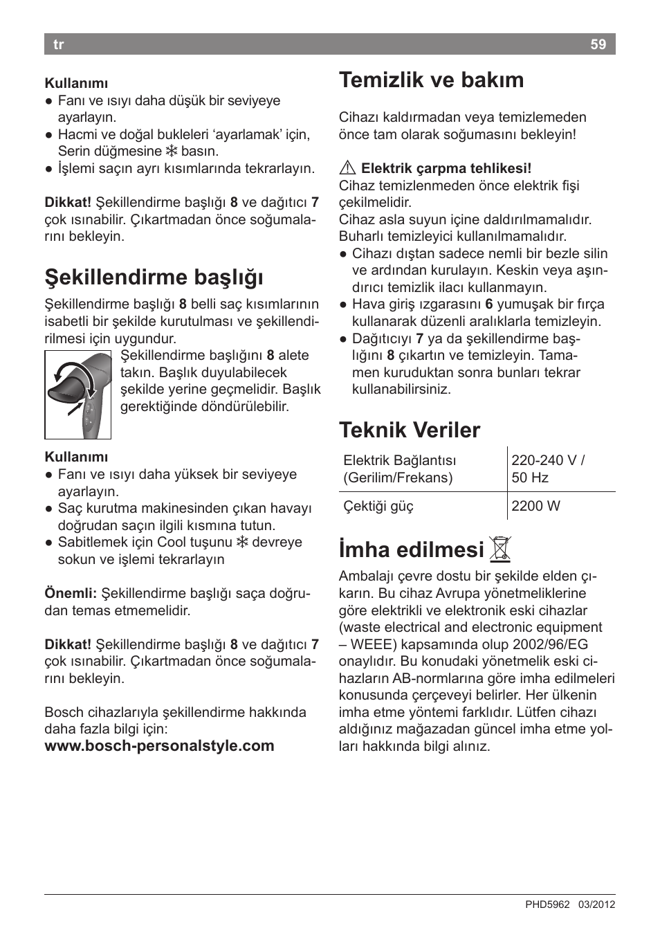 Temizlik ve bakım, Teknik veriler, Imha edilmesi | Şekillendirme başlığı | Bosch PHD5962 Haartrockner PureStyle User Manual | Page 61 / 93