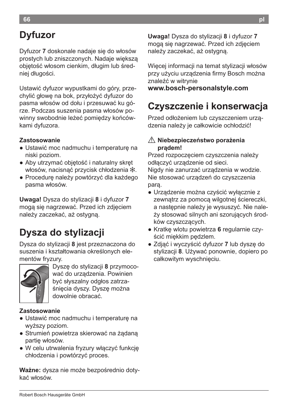 Dyfuzor, Dysza do stylizacji, Czyszczenie i konserwacja | Bosch PHD5962 Haartrockner PureStyle User Manual | Page 68 / 93