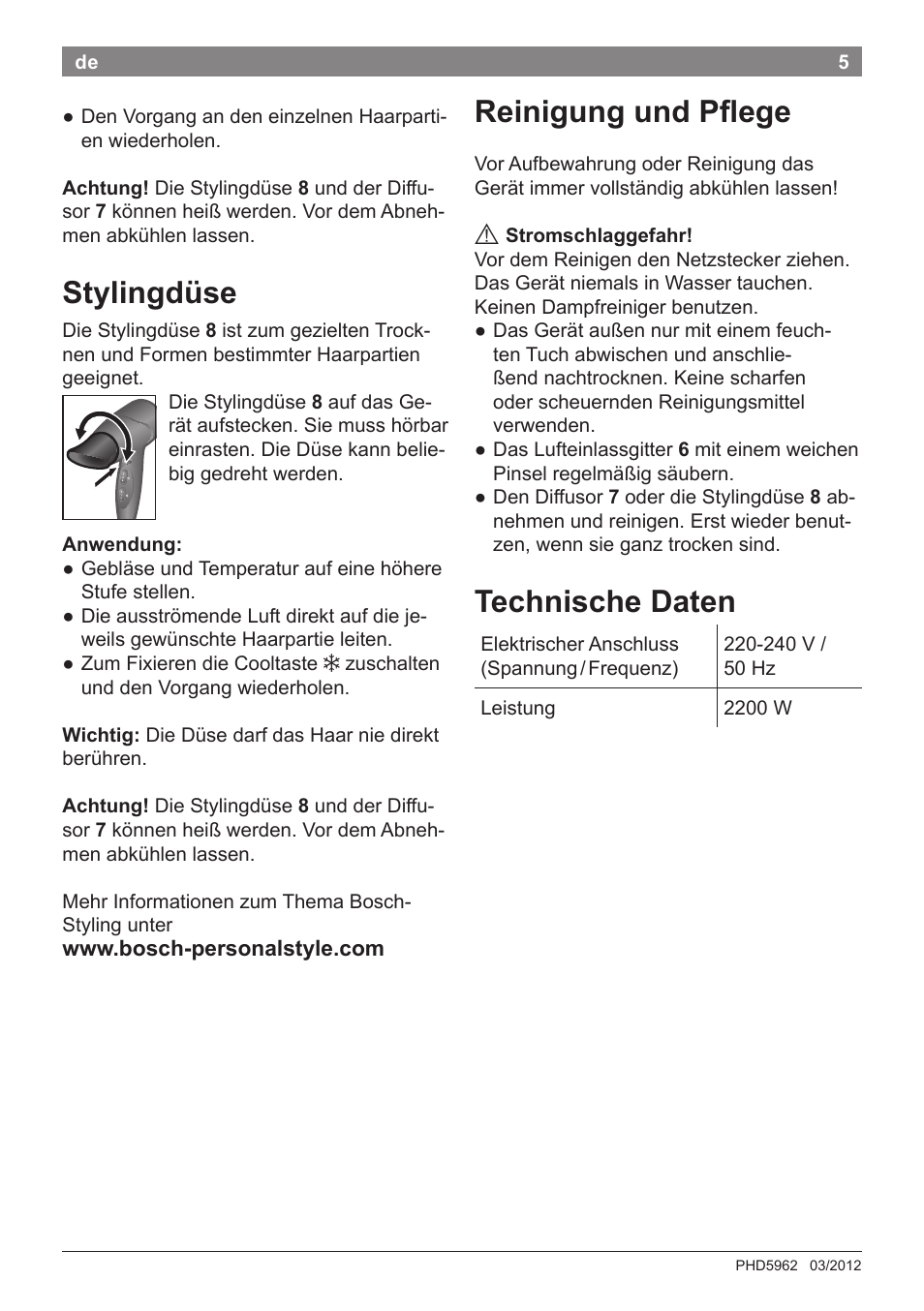 Stylingdüse, Reinigung und pflege, Technische daten | Bosch PHD5962 Haartrockner PureStyle User Manual | Page 7 / 93