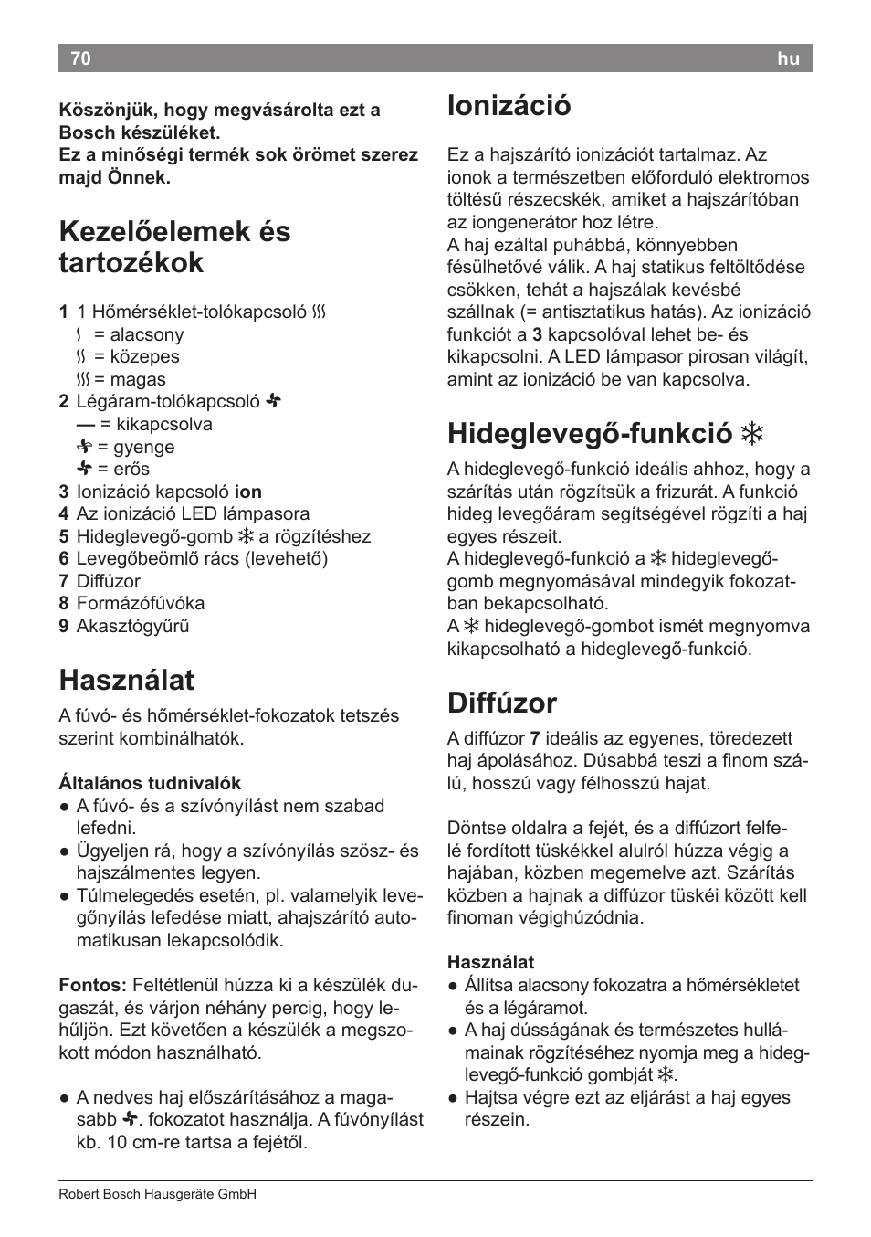 Ionizáció, Hideglevegő-funkció, Diffúzor | Kezelőelemek és tartozékok, Használat | Bosch PHD5962 Haartrockner PureStyle User Manual | Page 72 / 93