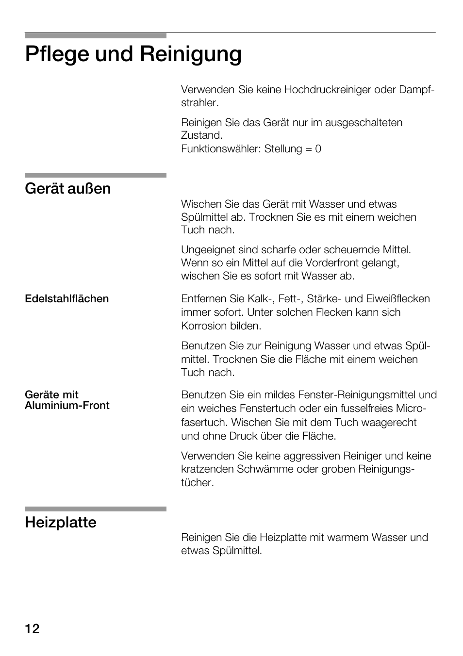 Pflege und reinigung, Gerät außen, Heizplatte | Bosch HSC140PB1 Einbau-Wärmeschublade 141 mm hoch User Manual | Page 12 / 80