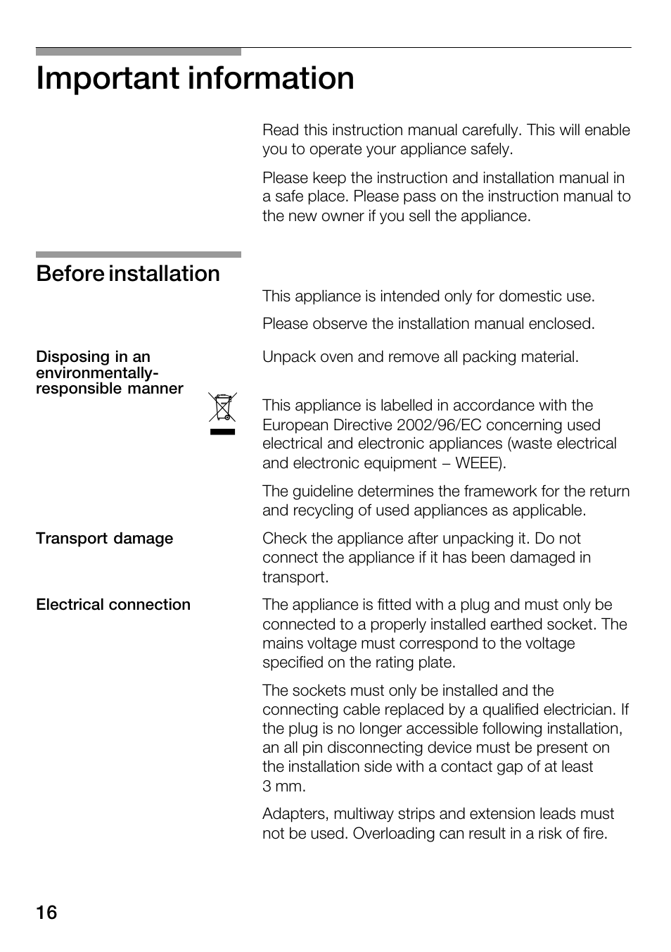 Important information, Before installation | Bosch HSC140PB1 Einbau-Wärmeschublade 141 mm hoch User Manual | Page 16 / 80