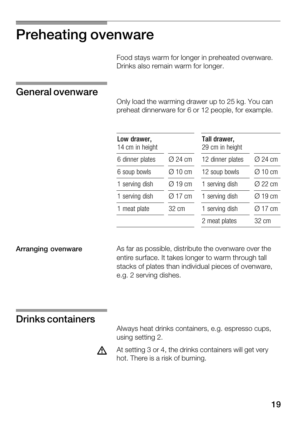 Preheating ovenware, General ovenware, Drinks containers | Bosch HSC140PB1 Einbau-Wärmeschublade 141 mm hoch User Manual | Page 19 / 80