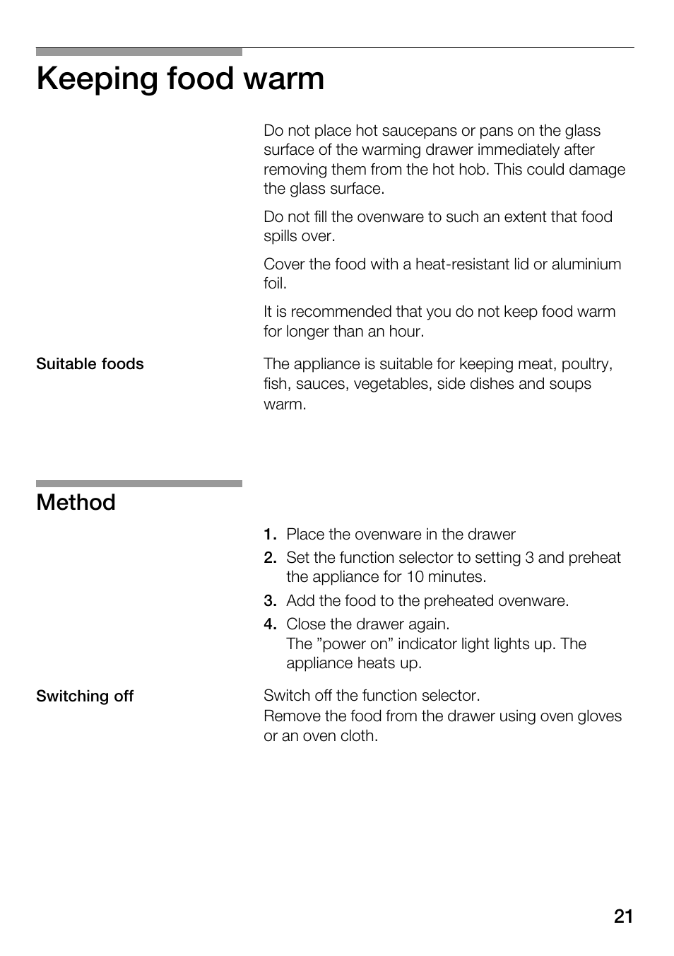 Keeping food warm, Method | Bosch HSC140PB1 Einbau-Wärmeschublade 141 mm hoch User Manual | Page 21 / 80