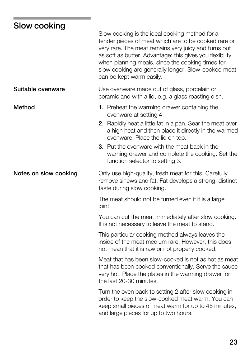 Slow cooking | Bosch HSC140PB1 Einbau-Wärmeschublade 141 mm hoch User Manual | Page 23 / 80