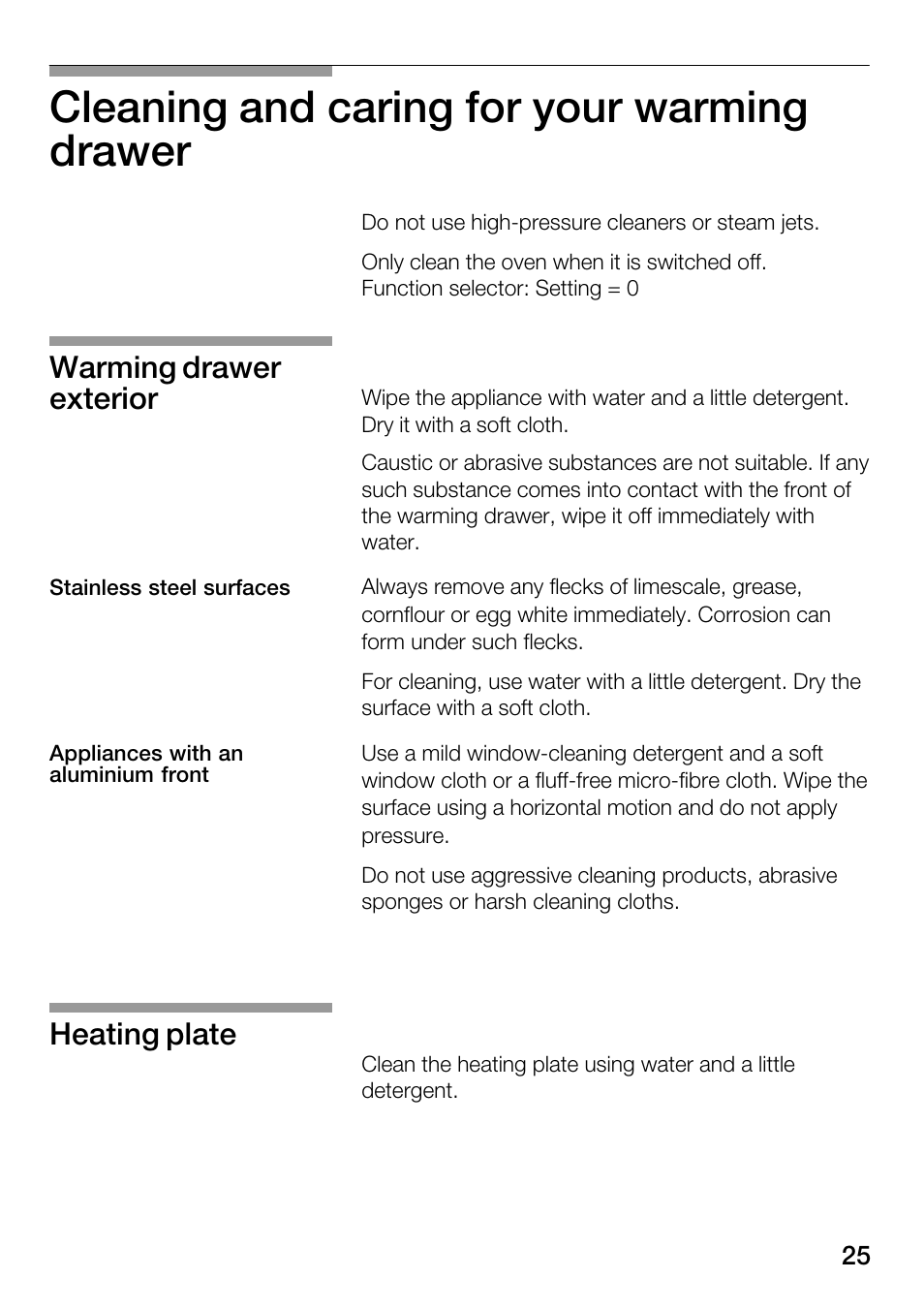 Cleaning and caring for your warming drawer, Warming drawer exterior, Heating plate | Bosch HSC140PB1 Einbau-Wärmeschublade 141 mm hoch User Manual | Page 25 / 80