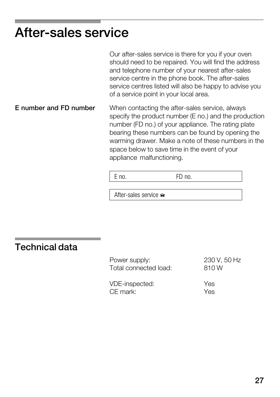 Afterćsales service, Technical data | Bosch HSC140PB1 Einbau-Wärmeschublade 141 mm hoch User Manual | Page 27 / 80