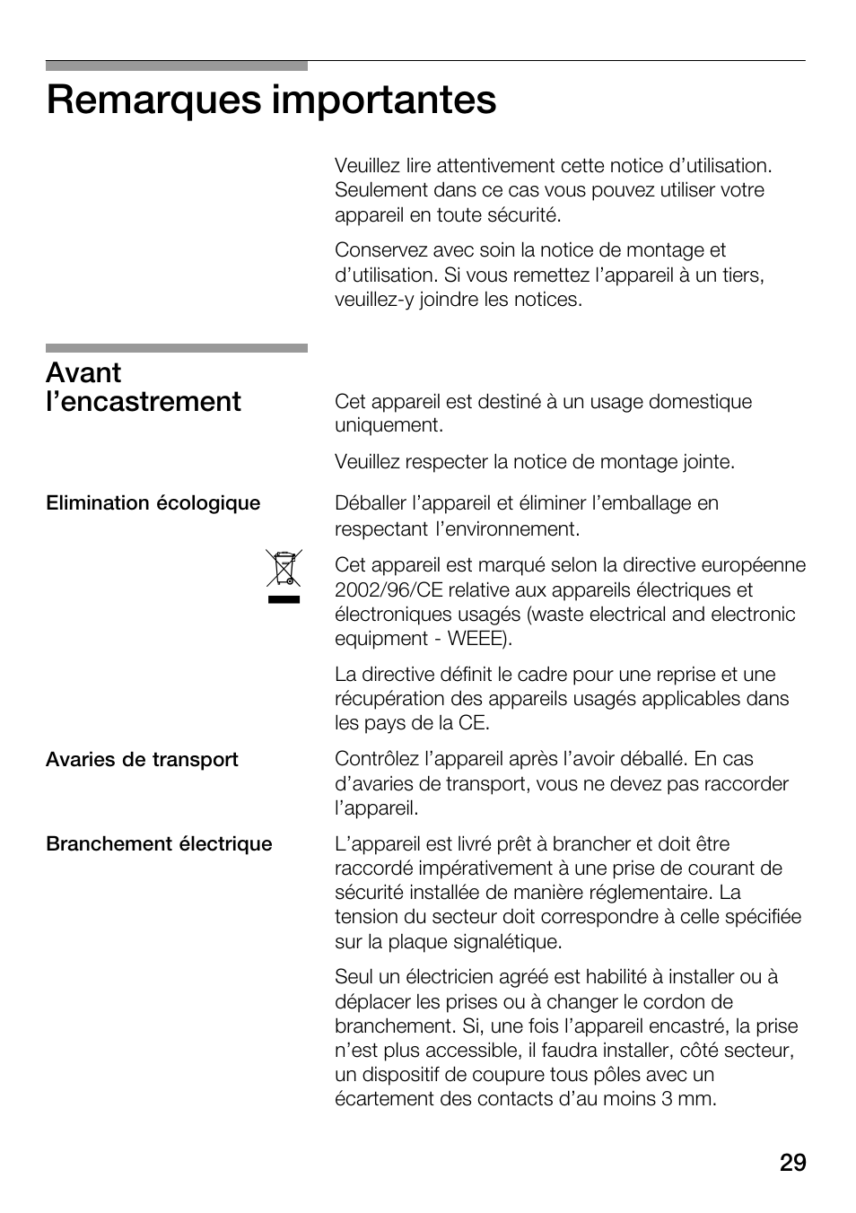 Remarques importantes, Avant l'encastrement | Bosch HSC140PB1 Einbau-Wärmeschublade 141 mm hoch User Manual | Page 29 / 80