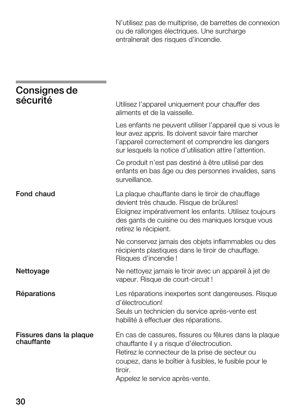 Consignes de sécurité | Bosch HSC140PB1 Einbau-Wärmeschublade 141 mm hoch User Manual | Page 30 / 80