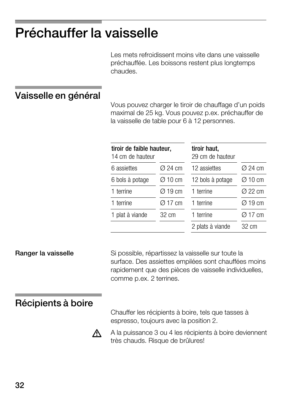 Préchauffer la vaisselle, Vaisselle en général, Récipients à boire | Bosch HSC140PB1 Einbau-Wärmeschublade 141 mm hoch User Manual | Page 32 / 80