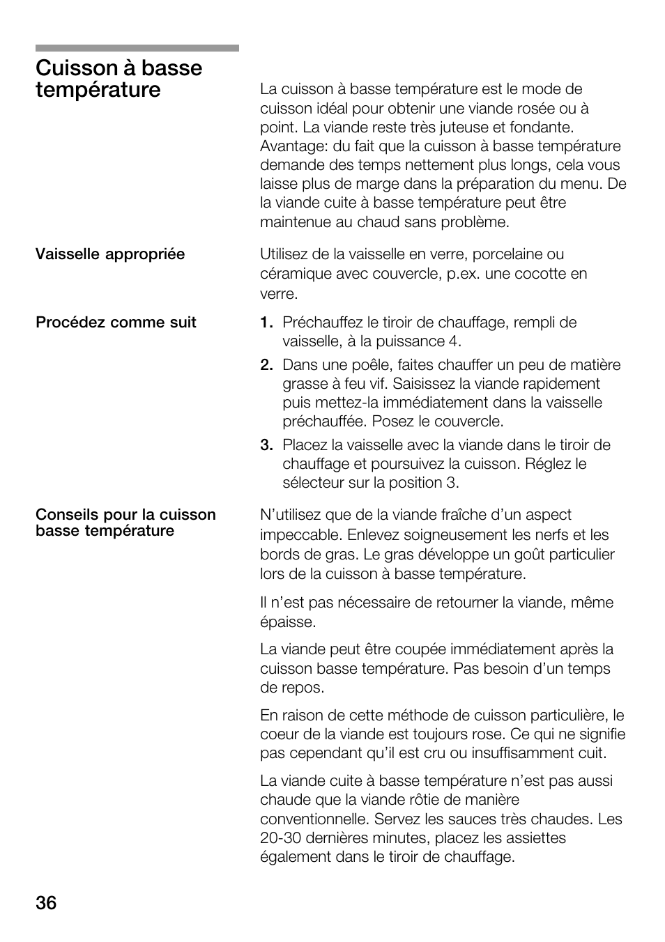 Cuisson à basse température | Bosch HSC140PB1 Einbau-Wärmeschublade 141 mm hoch User Manual | Page 36 / 80