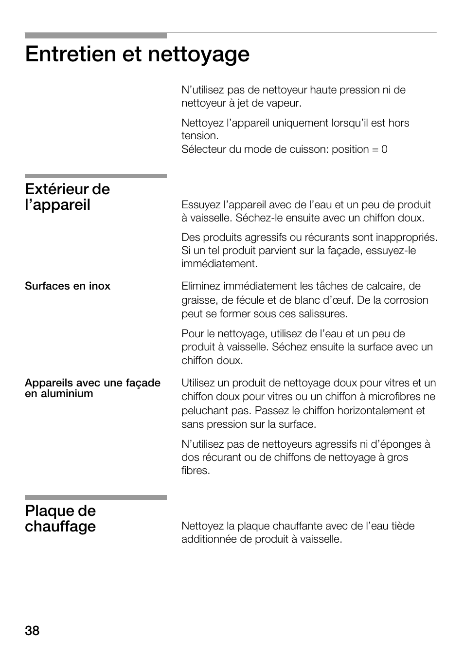 Entretien et nettoyage, Extérieur de l'appareil, Plaque de chauffage | Bosch HSC140PB1 Einbau-Wärmeschublade 141 mm hoch User Manual | Page 38 / 80