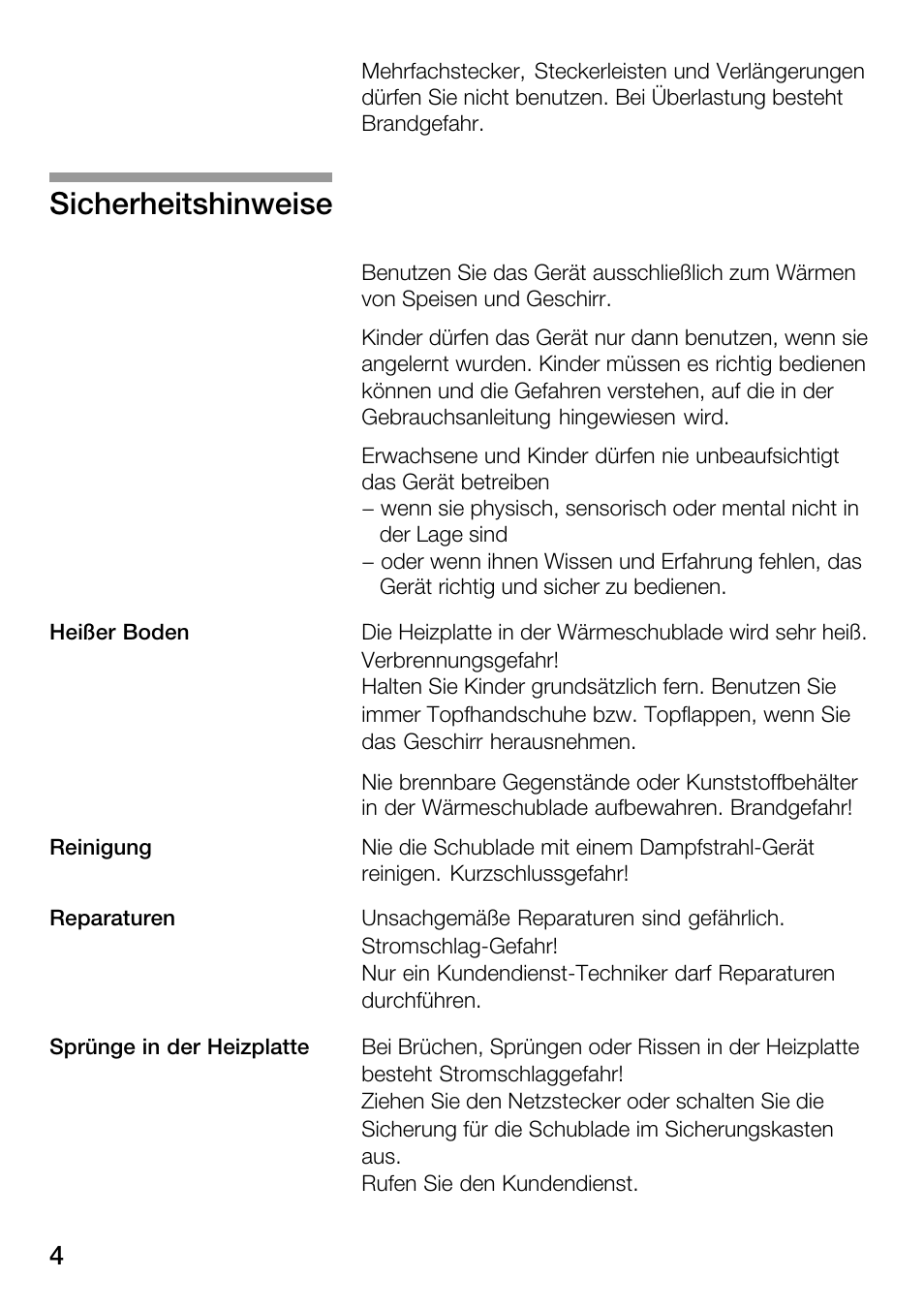 Sicherheitshinweise | Bosch HSC140PB1 Einbau-Wärmeschublade 141 mm hoch User Manual | Page 4 / 80