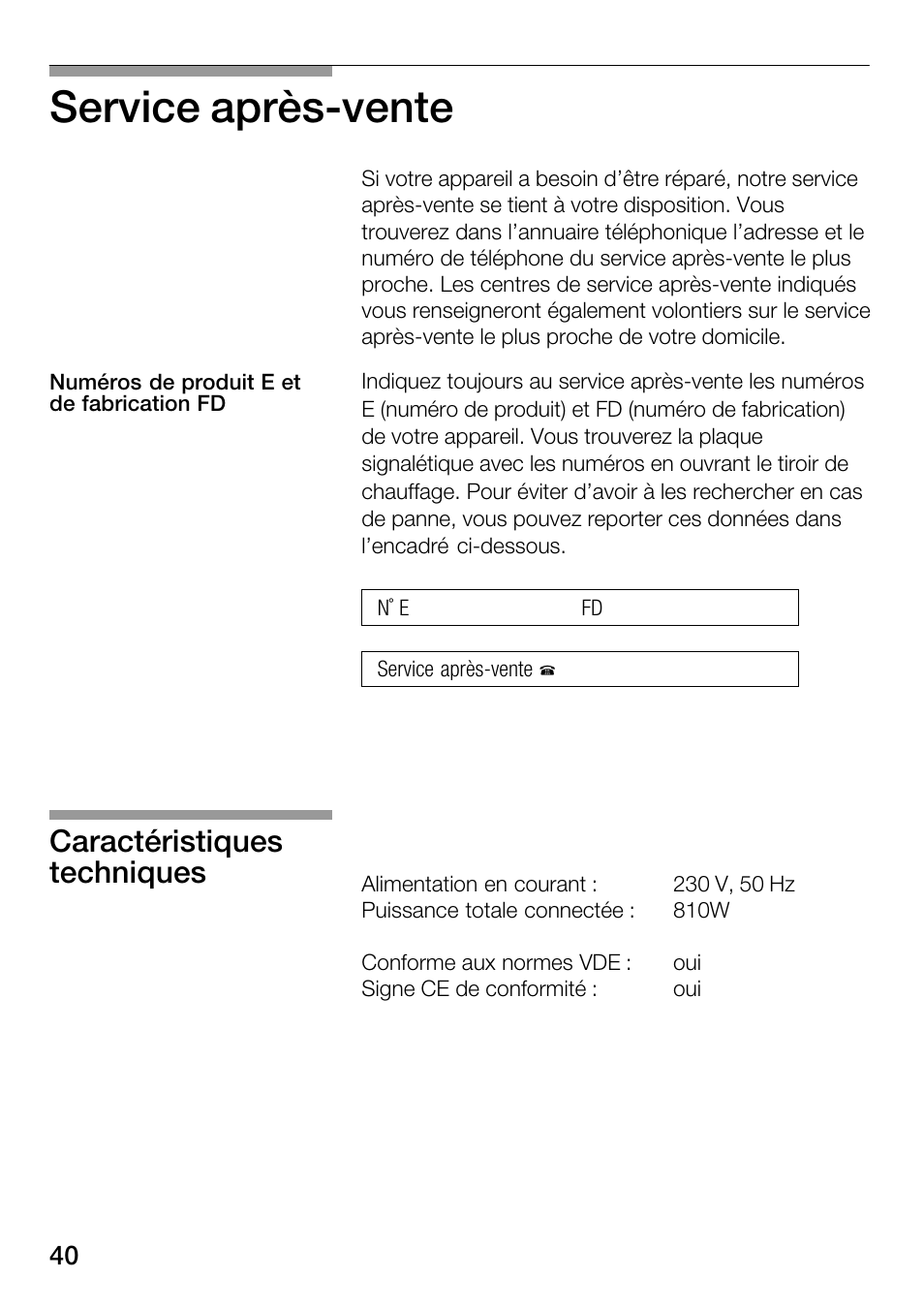 Service aprèsćvente, Caractéristiques techniques | Bosch HSC140PB1 Einbau-Wärmeschublade 141 mm hoch User Manual | Page 40 / 80