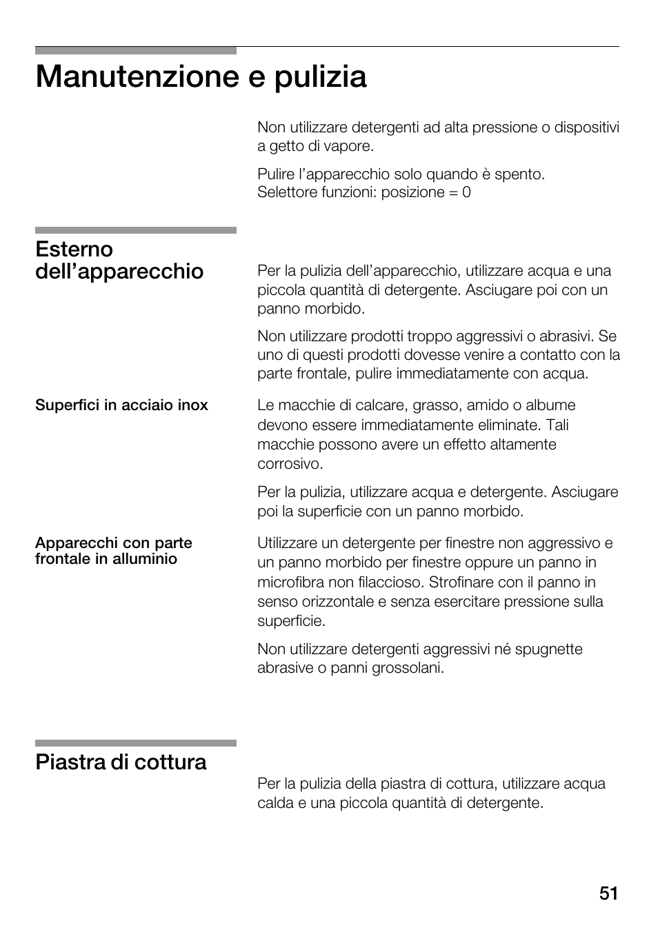 Manutenzione e pulizia, Esterno dell'apparecchio, Piastra di cottura | Bosch HSC140PB1 Einbau-Wärmeschublade 141 mm hoch User Manual | Page 51 / 80