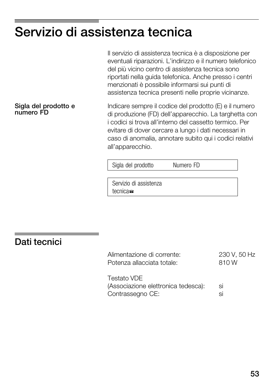 Servizio di assistenza tecnica, Dati tecnici | Bosch HSC140PB1 Einbau-Wärmeschublade 141 mm hoch User Manual | Page 53 / 80