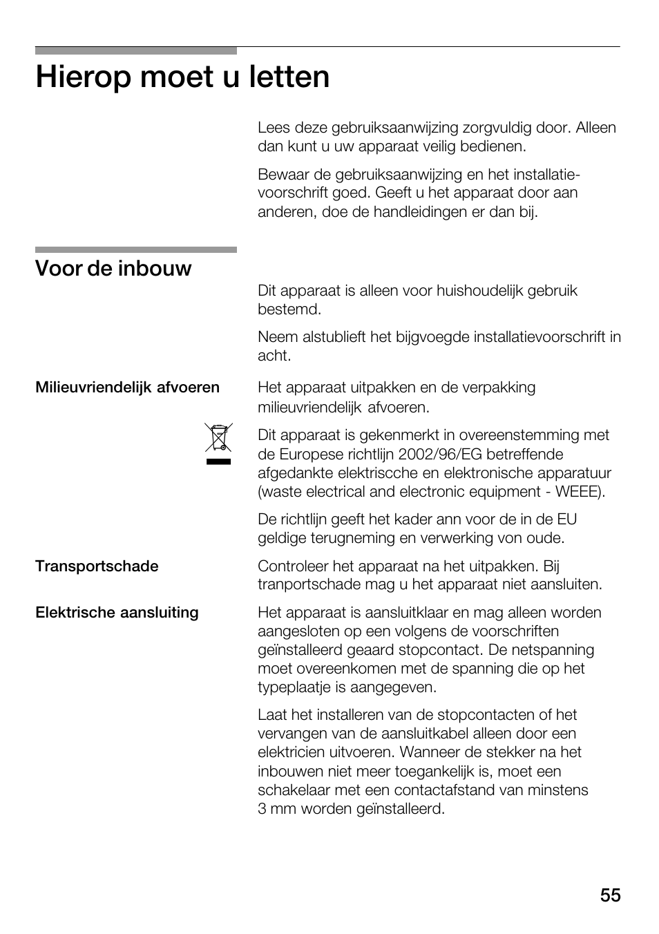 Hierop moet u letten, Voor de inbouw | Bosch HSC140PB1 Einbau-Wärmeschublade 141 mm hoch User Manual | Page 55 / 80
