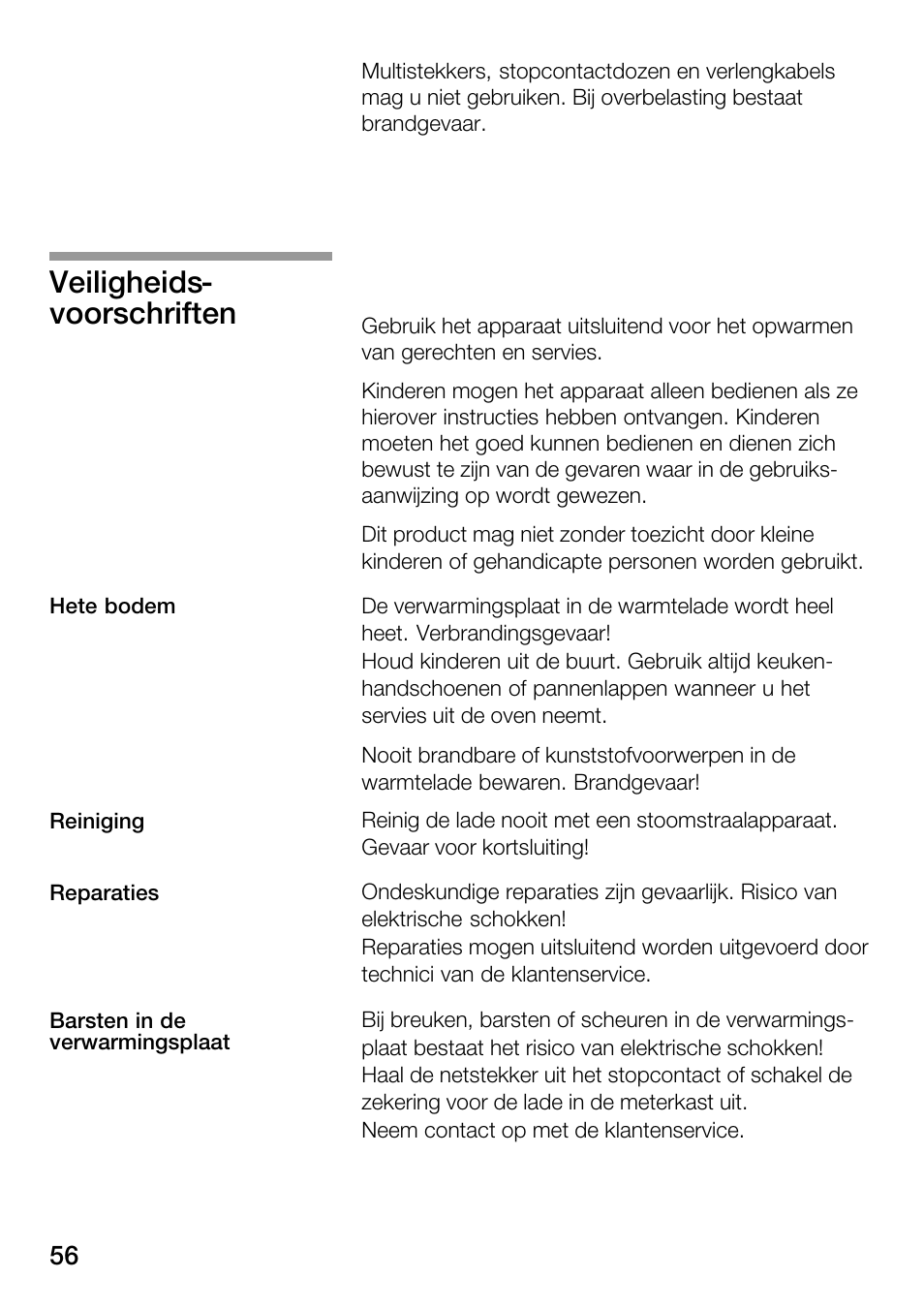 Veiligheidsć voorschriften | Bosch HSC140PB1 Einbau-Wärmeschublade 141 mm hoch User Manual | Page 56 / 80