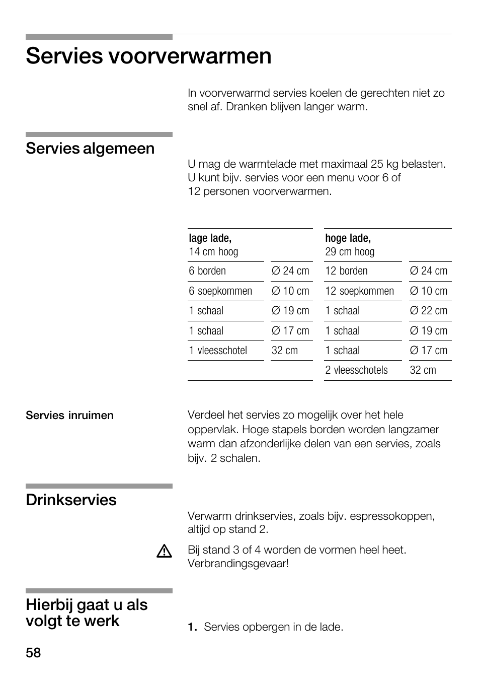 Servies voorverwarmen, Servies algemeen, Drinkservies | Hierbij gaat u als volgt te werk | Bosch HSC140PB1 Einbau-Wärmeschublade 141 mm hoch User Manual | Page 58 / 80