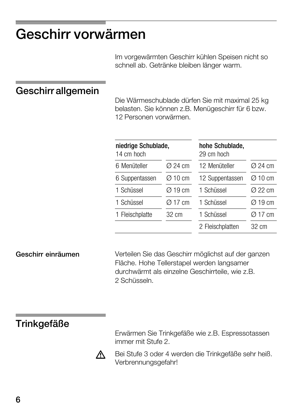 Geschirr vorwärmen, Geschirr allgemein, Trinkgefäße | Bosch HSC140PB1 Einbau-Wärmeschublade 141 mm hoch User Manual | Page 6 / 80