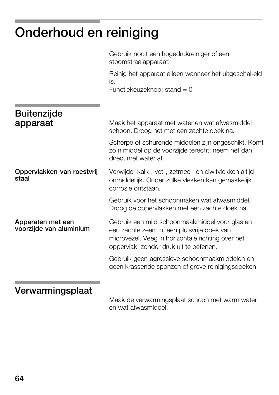 Onderhoud en reiniging, Buitenzijde apparaat, Verwarmingsplaat | Bosch HSC140PB1 Einbau-Wärmeschublade 141 mm hoch User Manual | Page 64 / 80