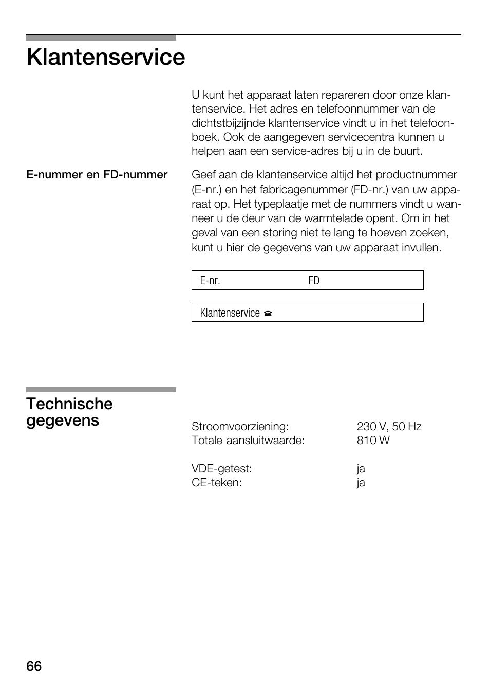 Klantenservice, Technische gegevens | Bosch HSC140PB1 Einbau-Wärmeschublade 141 mm hoch User Manual | Page 66 / 80