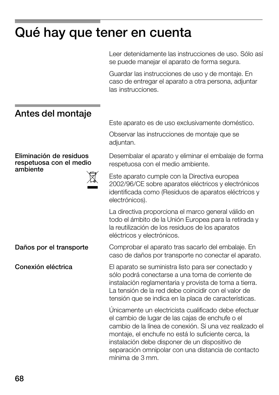 Qué hay que tener en cuenta, Antes del montaje | Bosch HSC140PB1 Einbau-Wärmeschublade 141 mm hoch User Manual | Page 68 / 80