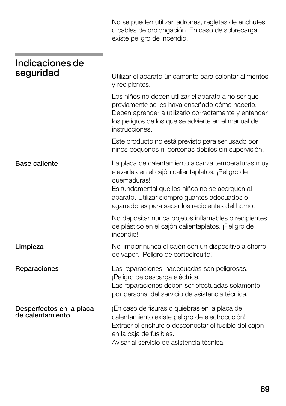 Indicaciones de seguridad | Bosch HSC140PB1 Einbau-Wärmeschublade 141 mm hoch User Manual | Page 69 / 80