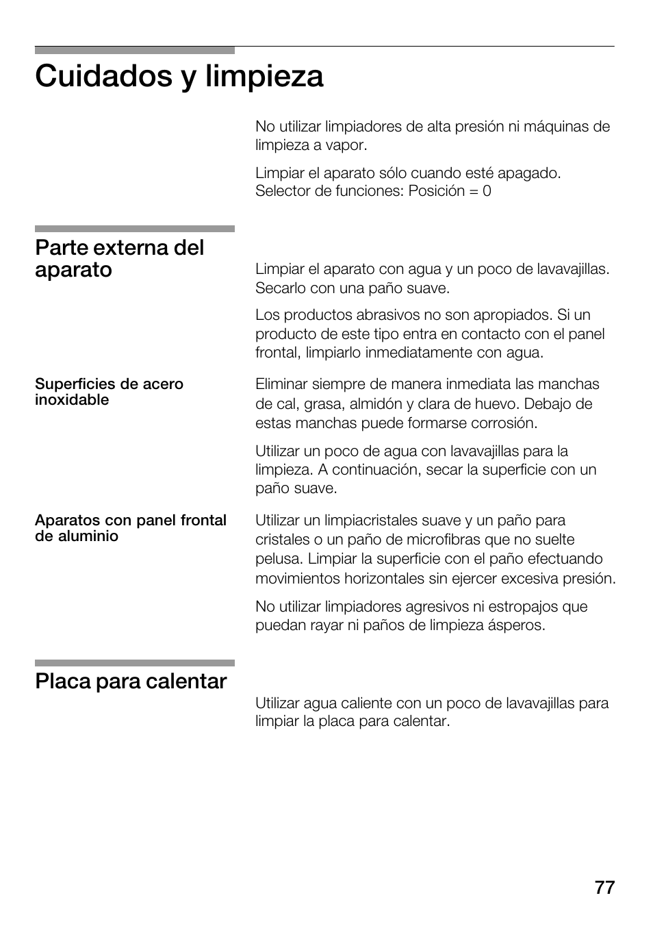 Cuidados y limpieza, Parte externa del aparato, Placa para calentar | Bosch HSC140PB1 Einbau-Wärmeschublade 141 mm hoch User Manual | Page 77 / 80