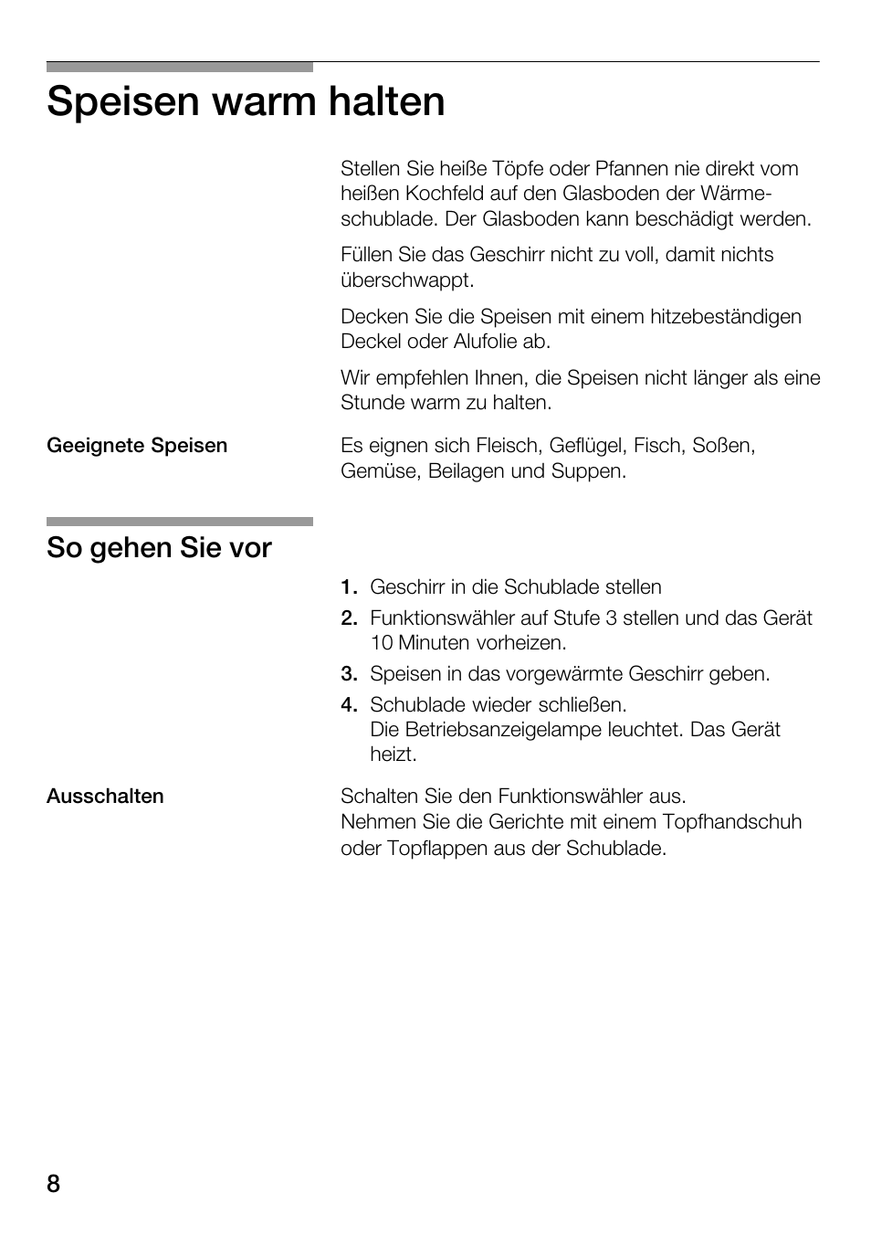 Speisen warm halten, So gehen sie vor | Bosch HSC140PB1 Einbau-Wärmeschublade 141 mm hoch User Manual | Page 8 / 80