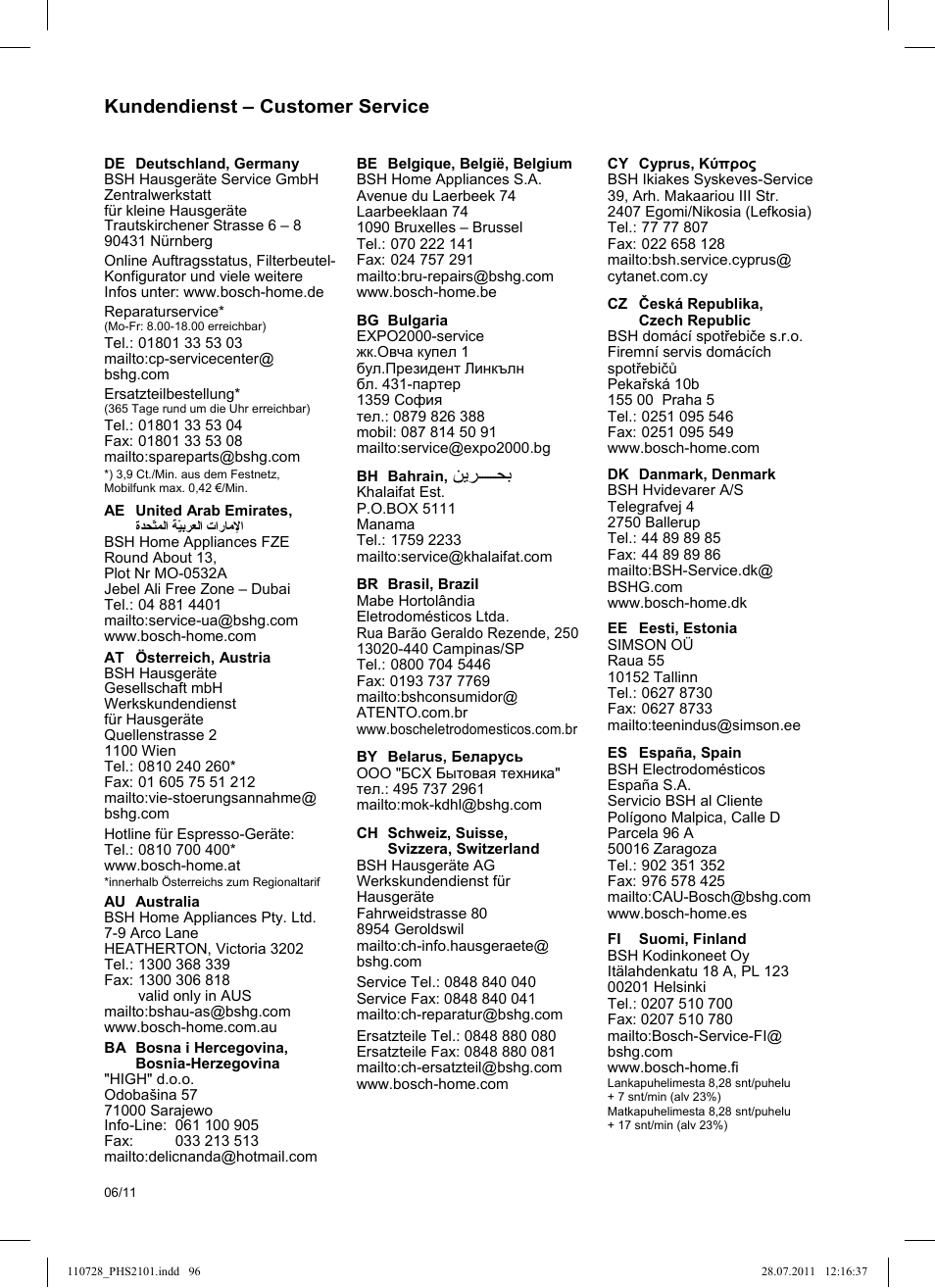 Kundendienst – customer service | Bosch PHS2101 Haarglätter StarShine StraightStyle User Manual | Page 100 / 104