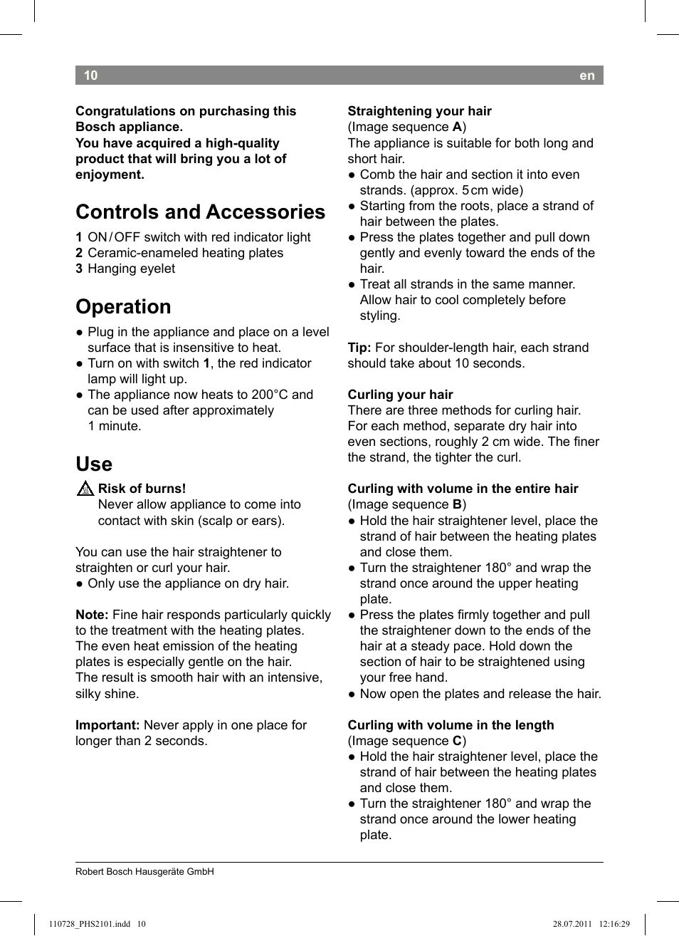 Controls and accessories, Operation | Bosch PHS2101 Haarglätter StarShine StraightStyle User Manual | Page 14 / 104